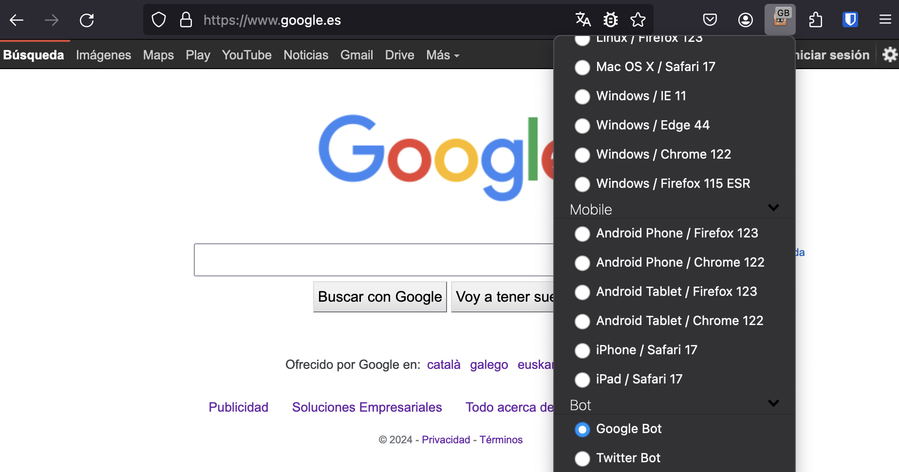 Ejemplo de extensión para modificar el user-agent en Firefox